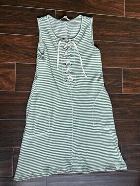 Max Studio Green and White Striped Lace-Up Tank Dress with Pockets Size XS